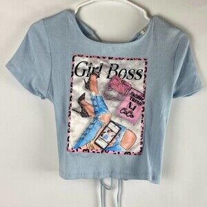 Rumors Shirt Womens Small Blue Lace Up Back Short Sleeve Girl Boss Cropped Top